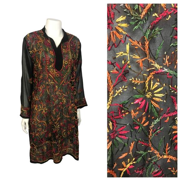 Vintage Black Sheer Rainbow Embroidery Tunic Dress / Women’s Medium - Picture 1 of 6